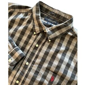 Men's U.S. Polo Assn 2XLT Gray Black Plaid Long Sleeve Button Down Stretch Shirt
